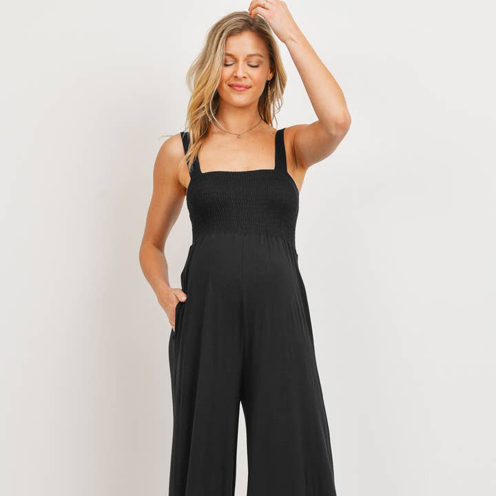 Sleeveless Smocked Maternity Wide Leg Jumpsuit for wholesale by Hello Miz