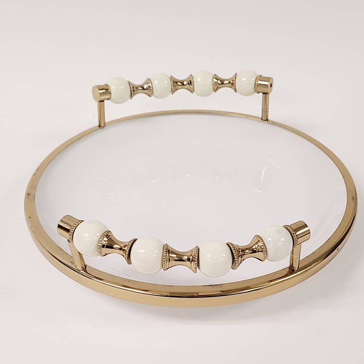 CLASSIC TOUCH DECOR INC. – Engroshandel Pyntetallerken/skål – Hvid flad rund tallerken med guldbelagt og hvidt perle-design2