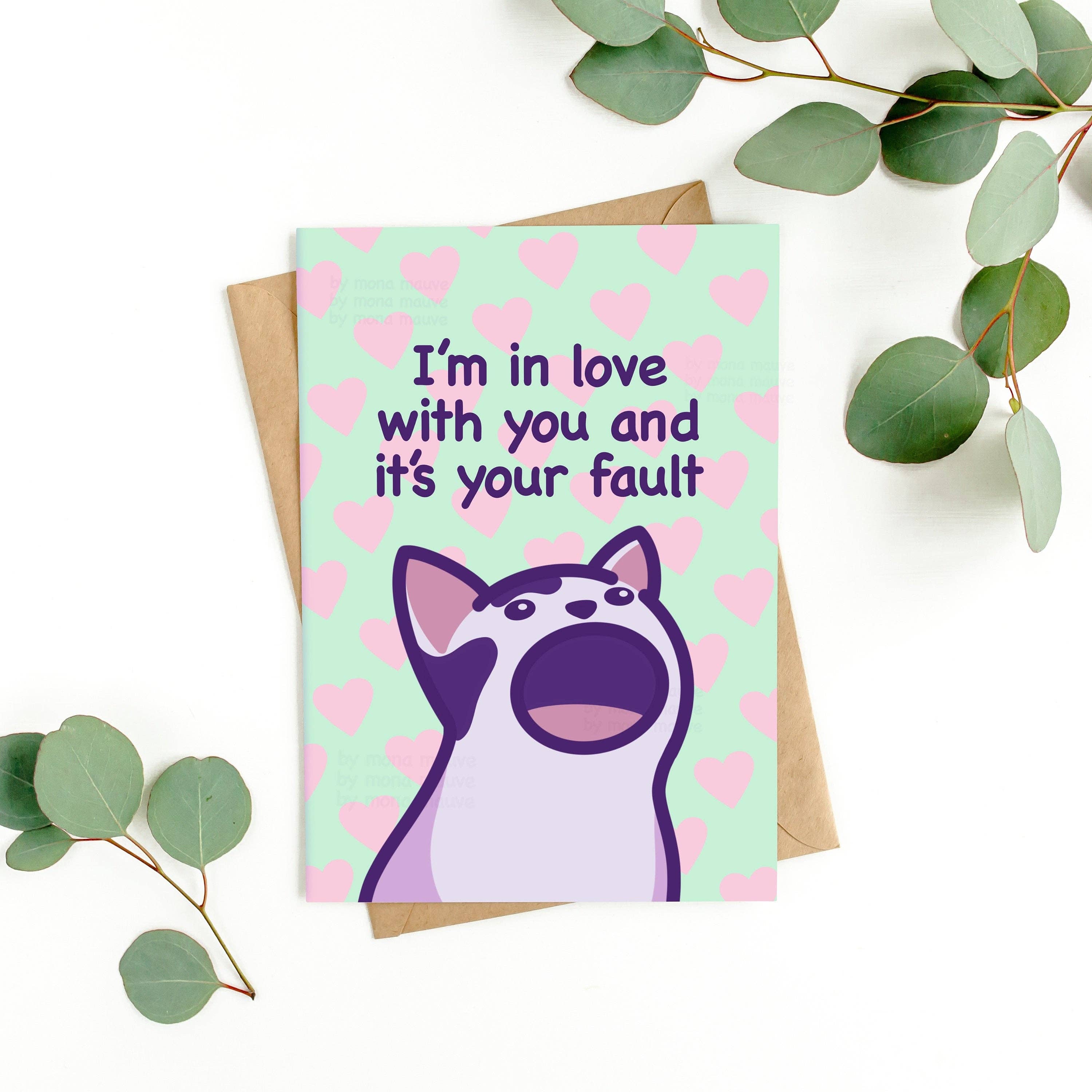 Mona Mauve • Silly Art! – wholesale Anniversary card – Funny Pop Cat Anniversary Card | Cat Meme Love Card4