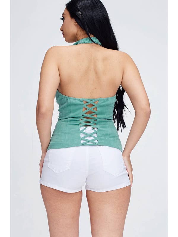 Lydia USA - Wholesale Blouse - Women's - Lace Up Collar Halter Suede Top3