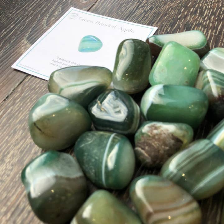 Green Banded Agate Tumbled Crystals 100gms With Info Cards for wholesale by BellaMira Home