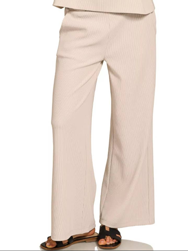 SAND BEIGE Zenana Ribbed Round Neck Tee & Pants Set for wholesale on Faire2