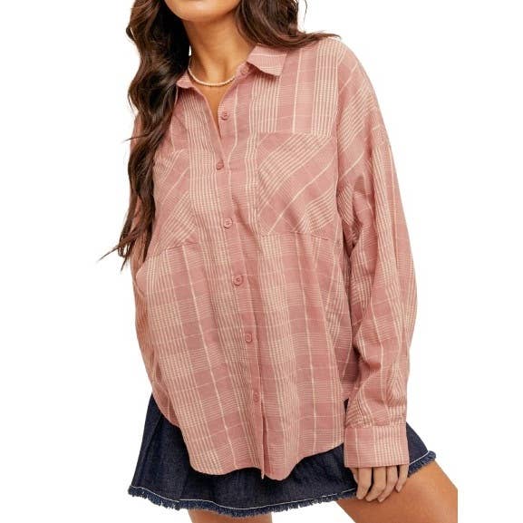 Soft Plaid Oversized Button Down Shirt Western Inspired and for wholesale by Blue Bunny Inc
