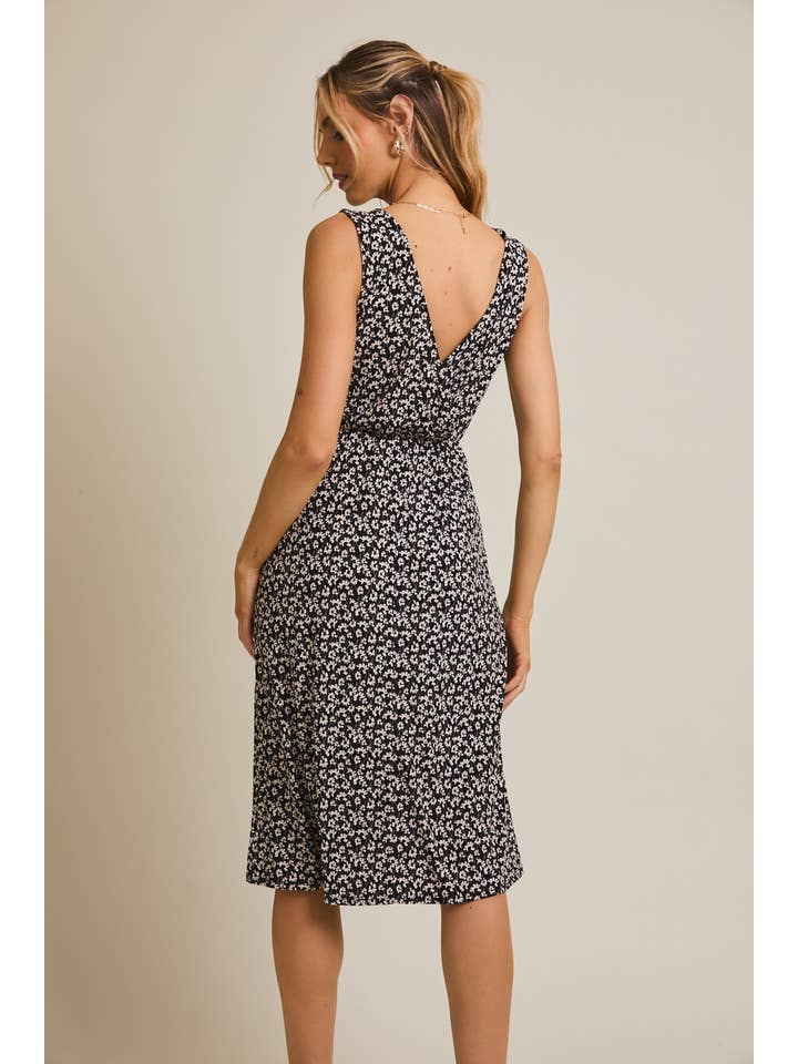 BLACK IVORY SLEEVELESS FAUX WRAP SIDE TIE MIDI DRESS for wholesale on Faire