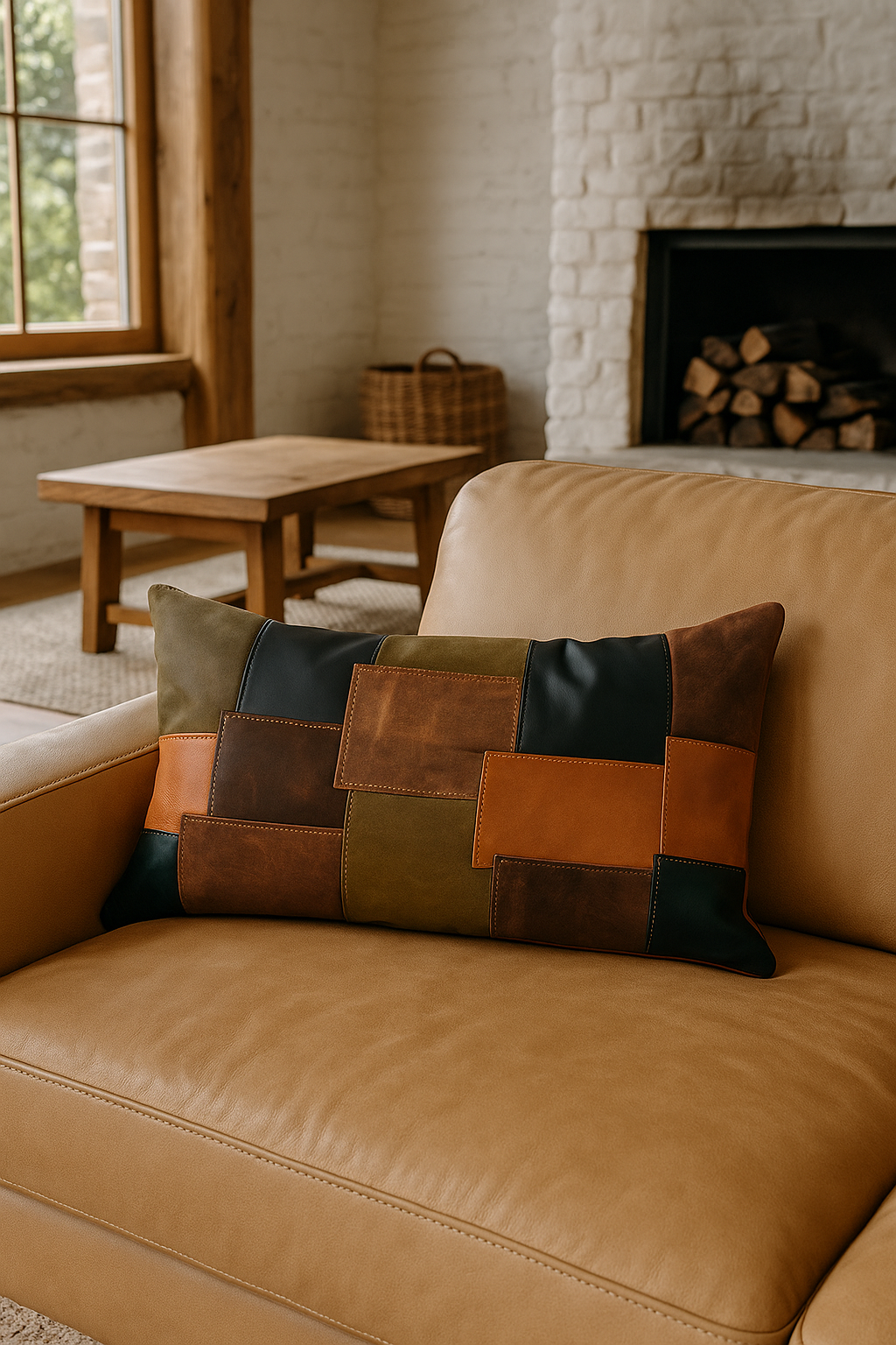 MLC - Venta al por mayor Almohadas lumbares - Cojín Lumbar de Cuero Patchwork en Tonos Tierra – Almohada Decorativa2