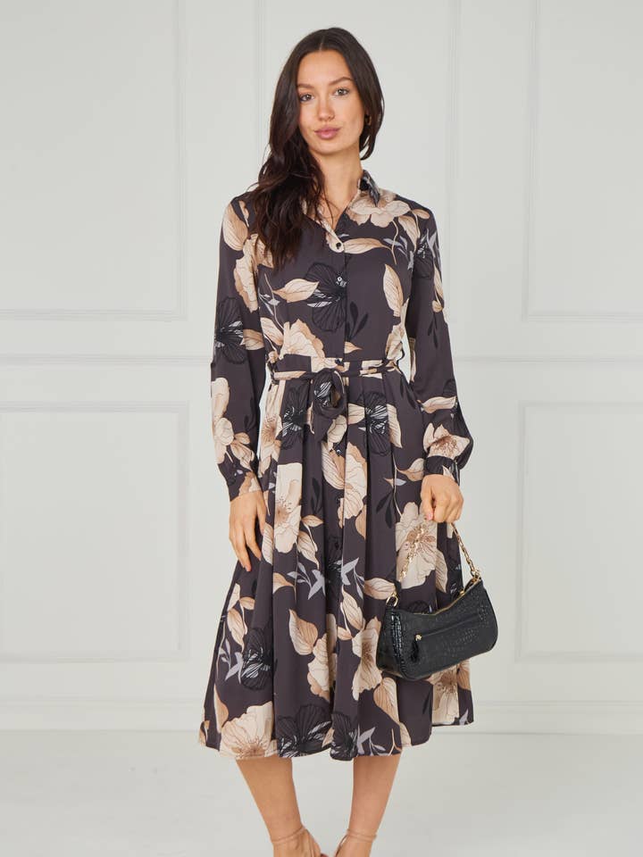 8pcs Dark Charcoal Floral Print Midi Shirt Dress for wholesale by Love Sunshine Wholesale