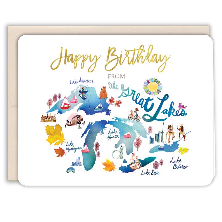 Alles Gute zum Geburtstag von der Grußkarte der Great Lakes State Map für den Großhandel von Paper Loop | Hand-Painted Greeting Cards