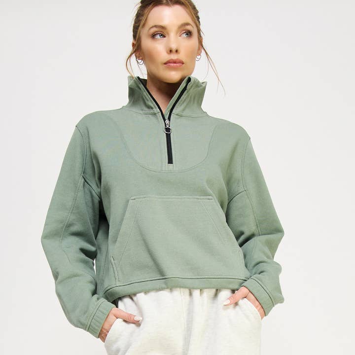 FREEZIA - Wholesale Sweatshirt - Women's - FRENCH TERRY NECK HALF ZIP SWEATSHIRT PULLOVER-FZ001215