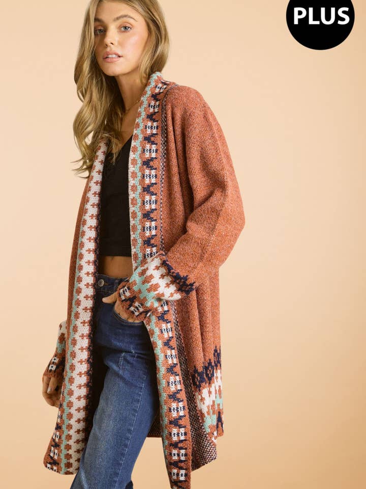 ADORA LA - Wholesale Cardigan - Women's - CESW2536X - PLUS TRIBAL BORDER SWEATER CARDIGAN3