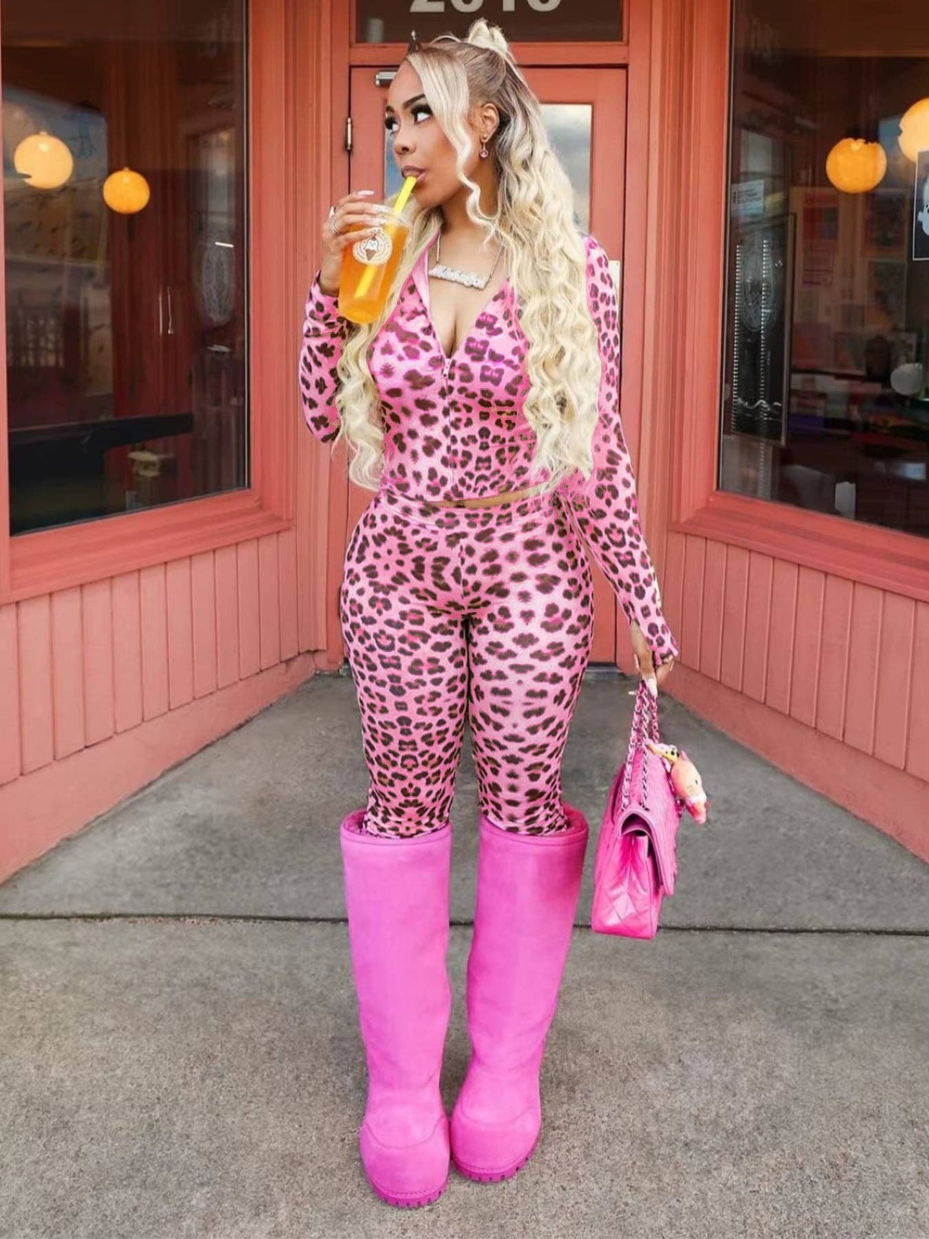 MB Fashion Wholesale - Wholesale Top & Pant Set (NOT Loungewear) - Women's - MB FASHION Two-Piece Leopard Print Long Sleeve Zip-Up Top & High-Waist Flare Pants Set MB50121