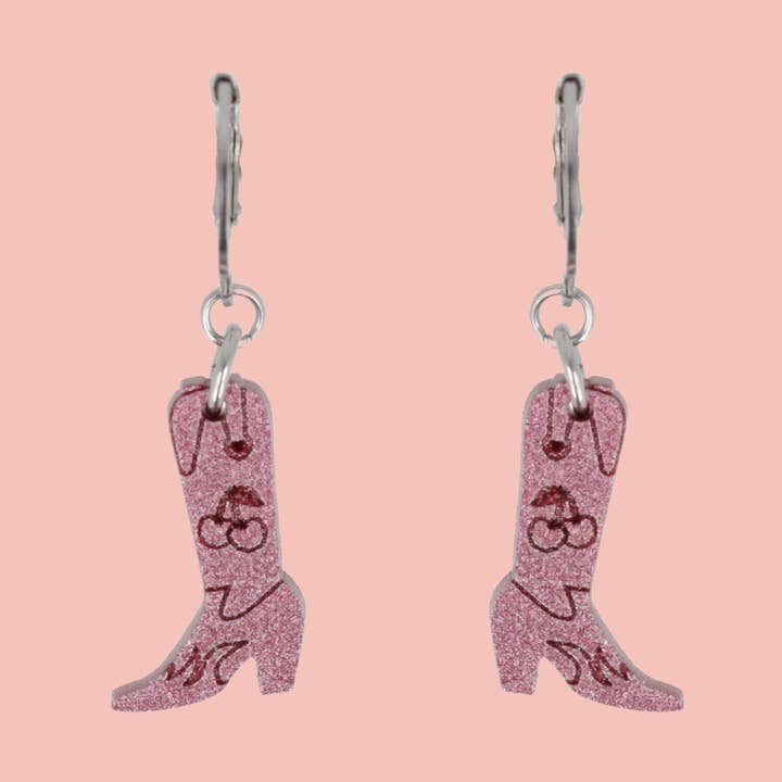 Mini Pink Cowboy Boot Huggie Hoop Earrings for wholesale by Sour Cherry