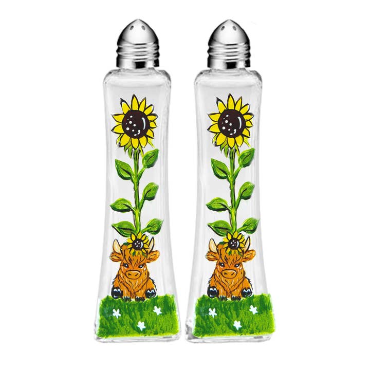 Highland Cow Flower Hand Painted Salt & Pepper Set for wholesale by Classy Art Designs, LLC