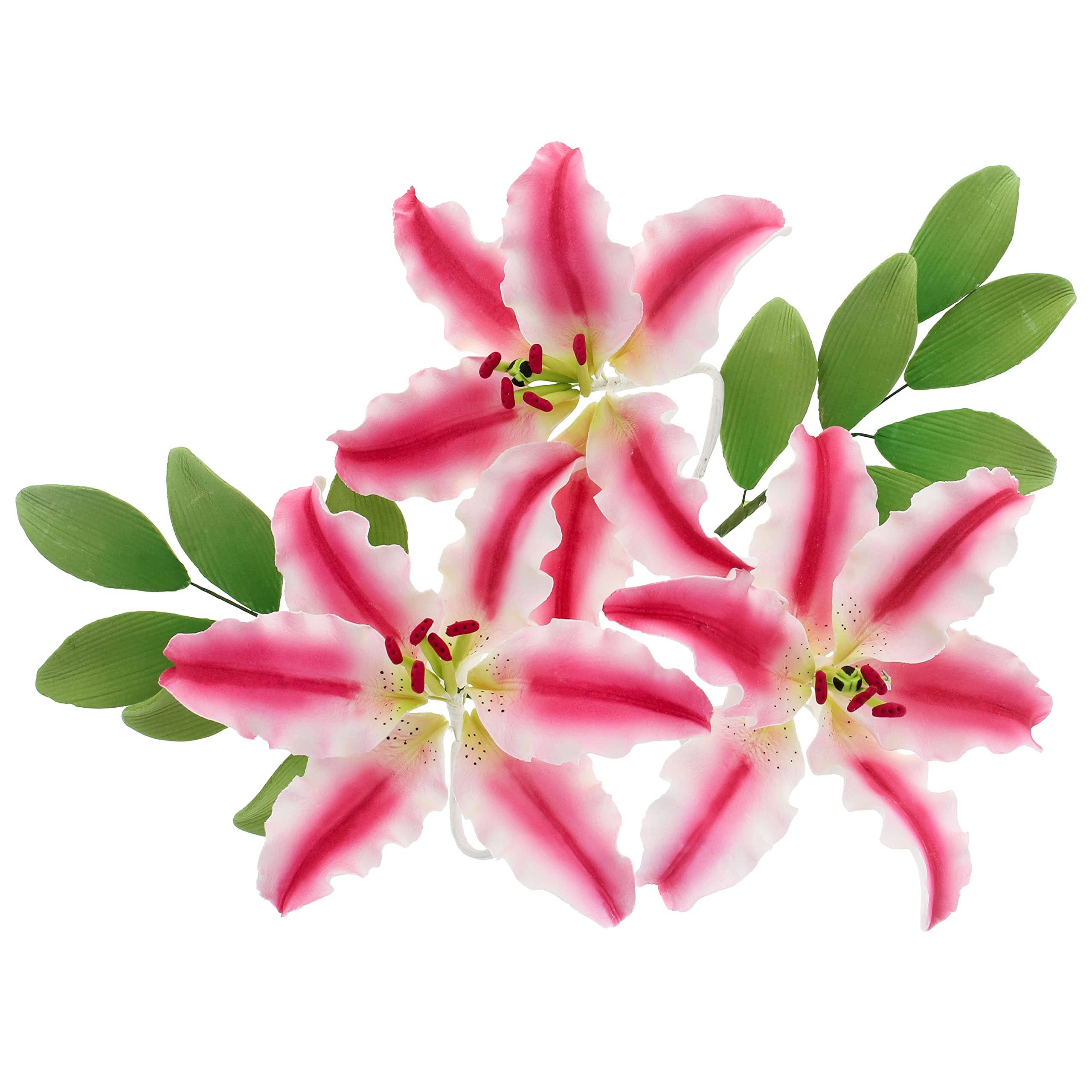 Global Sugar Art - Wholesale Artificial Flowers - Stargazer Lily Sugar Flowers with Leaf Sprays by Global Sugar Art, Pink and White, 3 Count0