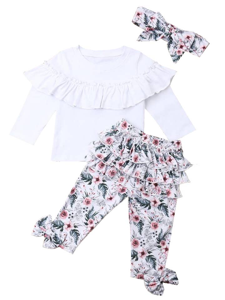 Fennco Styles - Wholesale Clothing Set - Baby - Floral Ruffled White Baby Long Sleeve Top, Pants & Headband