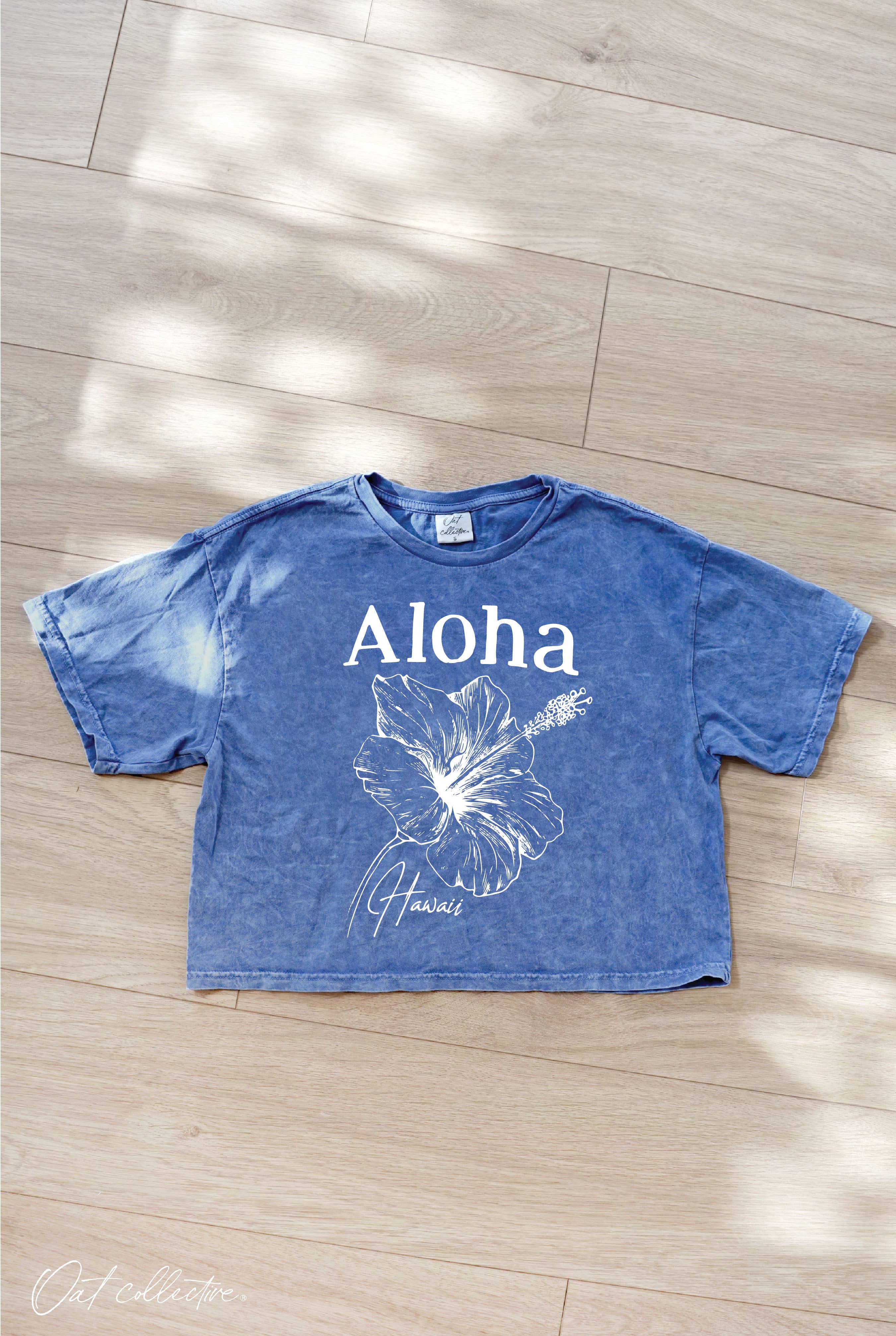 OAT COLLECTIVE - Wholesale Screen Printed T-Shirt - Women's - ALOHA HAWAII Cropped Mineral Washed Graphic Top
8