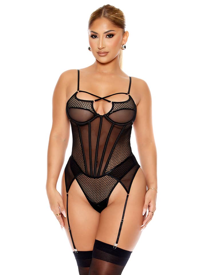 Forplay Inc. – wholesale Lingerie Set – women's – Caught Up O-Net Corset Style Teddy