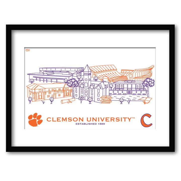 Arte de Pared enmarcado de la Línea del Campus de los Clemson Tigers 28 cm x 36 cm para venta al por mayor de Indigo Falls