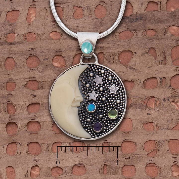 Tagua Nut Half Moon with Stars & Gems Pendant for wholesale by Tidepool