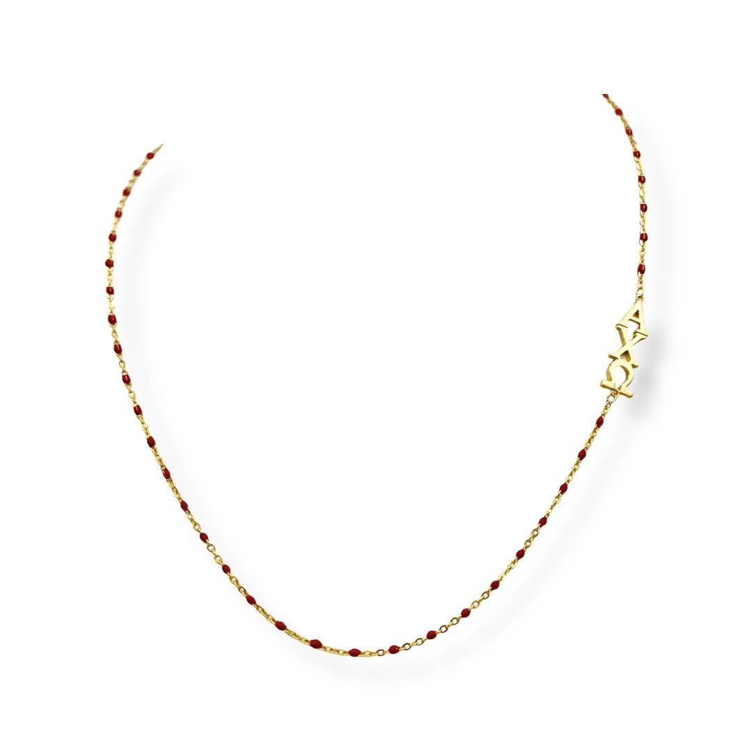 Rouge N201 AXO - Le Collier Alpha Chi Omega : Collier à Perles Émaillées avec ΑΧΩ sur le Côté en vente sur Faire4