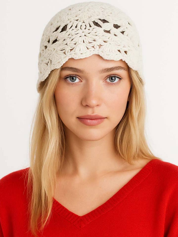 Ladies Boho Crochet Knit Floral Hollow Out Skull Cap Hat for wholesale by Sweetkama