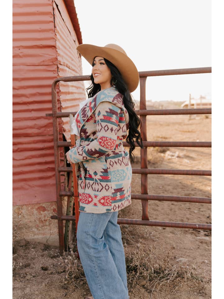 MULTI LADIES LONG AZTEC WESTERN OPEN COAT WITH HOOD-L25918 for wholesale on Faire1