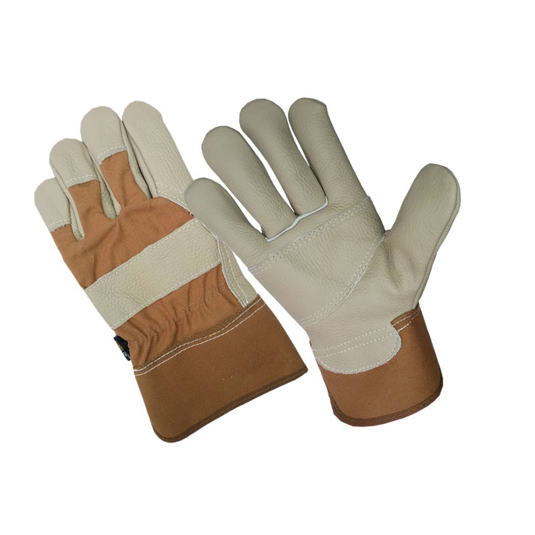 Beige Brown HANDS ON™  Top Grain Cowhide Leather Palm Work Gloves for wholesale on Faire0