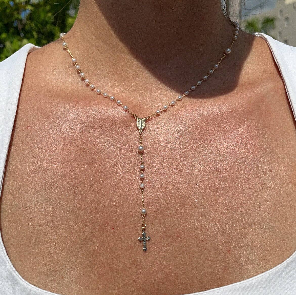 Milie - Wholesale Prayer Beads Necklace - 18k GF Simulated Pearl Rosary with Medals2