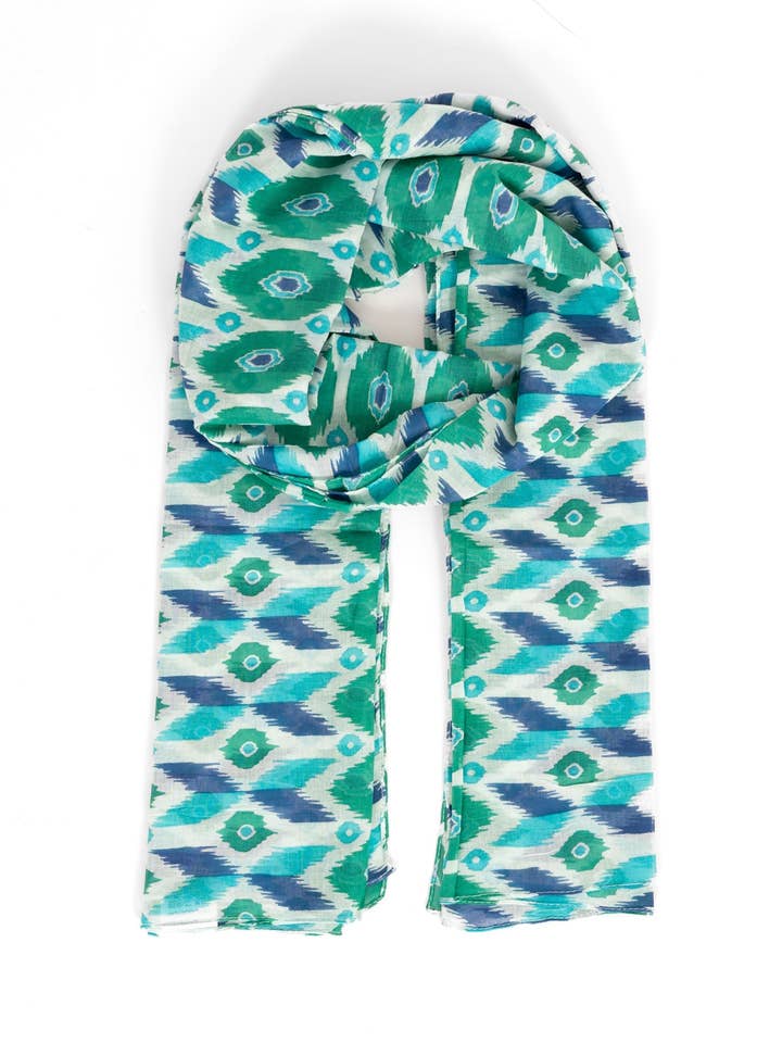 Ayla Lightweight Cotton Scarf - Blue/Green, Ikat Print for wholesale by Sarta Accessories
