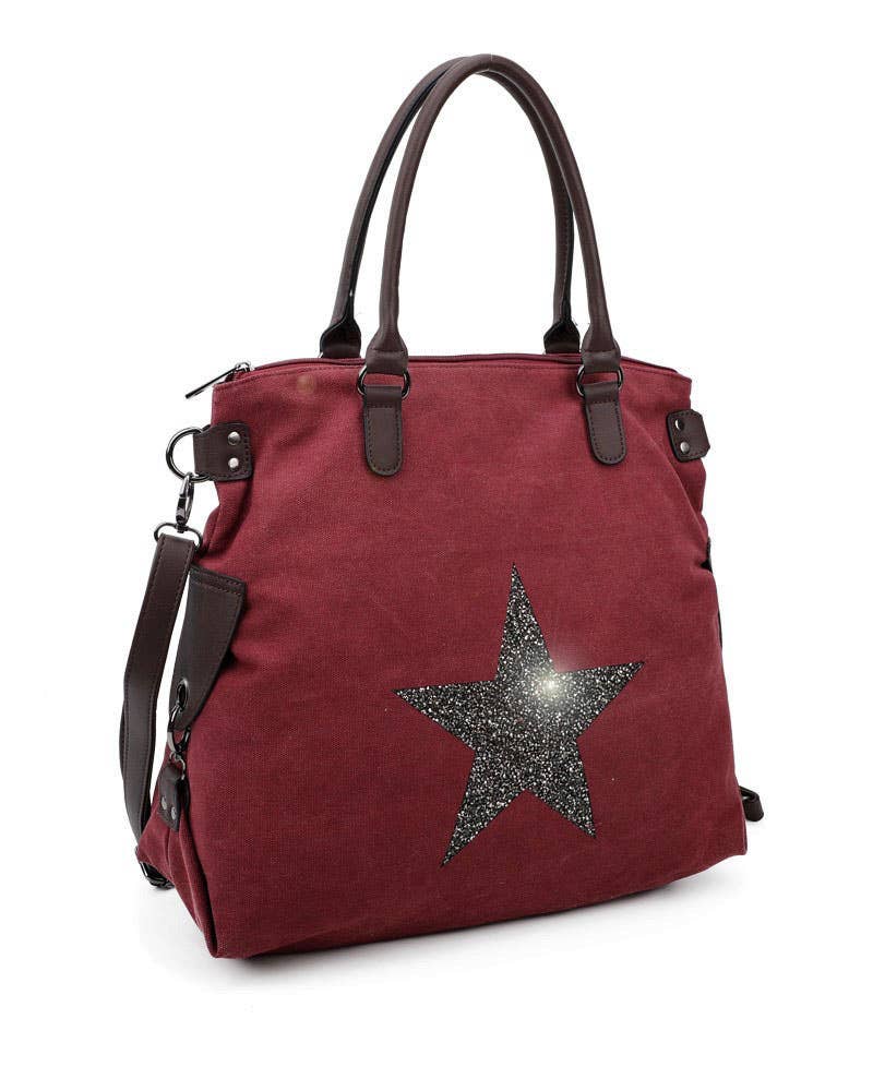 Ellas Trading – wholesale Shoulder bag – women's – Sparkling Glitter Star Canvas Expandable Shoulder Tote0