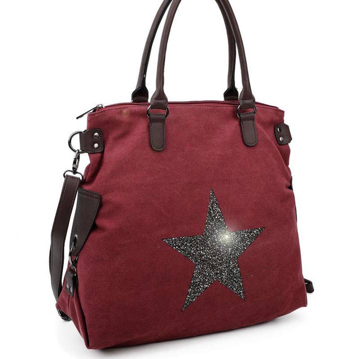 Ellas Trading – wholesale Shoulder bag – women's – Sparkling Glitter Star Canvas Expandable Shoulder Tote