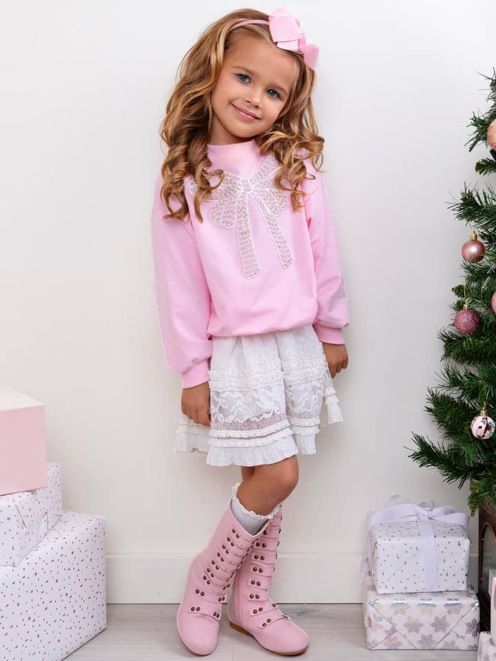 Pretty in Pink Sparkle Bow Sweater and Ruffle Skirt Set for wholesale on Faire3