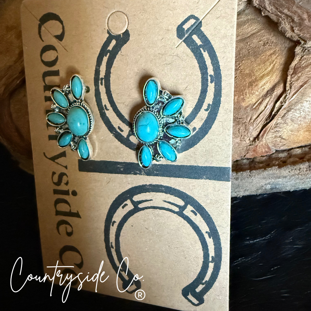 Texas Western Cowhide Bags and More - Wholesale Stud/Post Earrings -  Flower Burst Turquoise Earring3