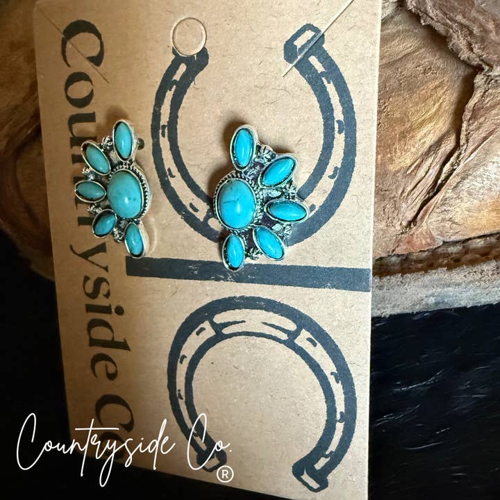 Texas Western Cowhide Bags and More - Wholesale Stud/Post Earrings - Flower Burst Turquoise Earring3