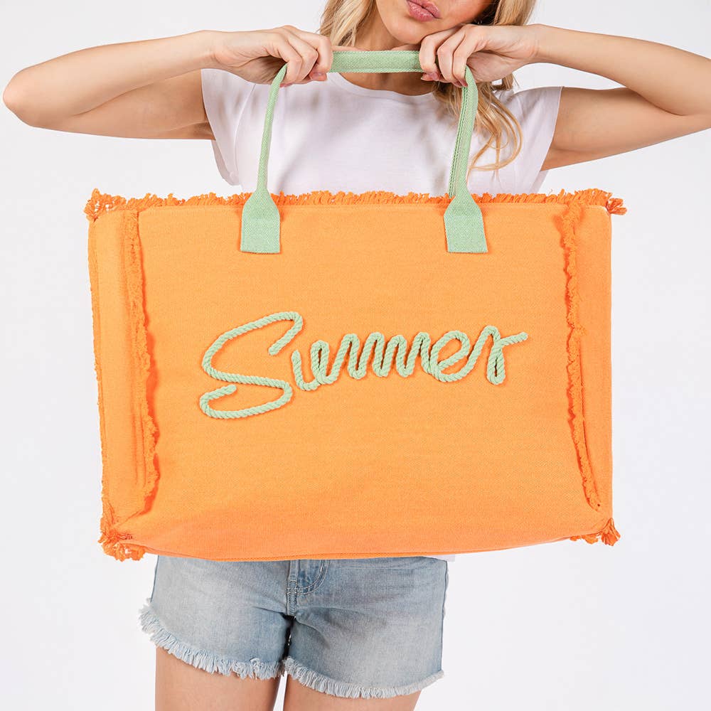 Sensibling Corp. - Venta al por mayor Bolsa de asa- Mujer - Bolso de playa de lona con flecos y mensaje bordado SUMMER17