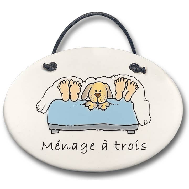 Med 4x5.5 Plaque: Dog in bed "Menage a Trois" for wholesale by August Ceramics