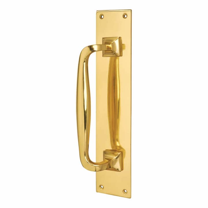 Brewery Entrance Pull Handle on Finger Plate - 305 x 61mm - Polished Brass for wholesale by Diybasket