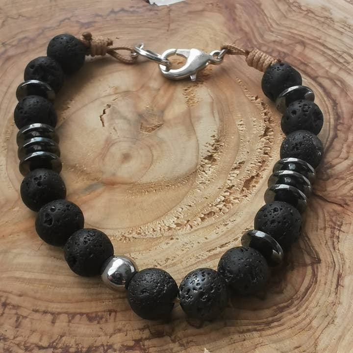 Pulsera masculina de moda con piedra de lava y cierre plateado para venta al por mayor de Lúa bijoux