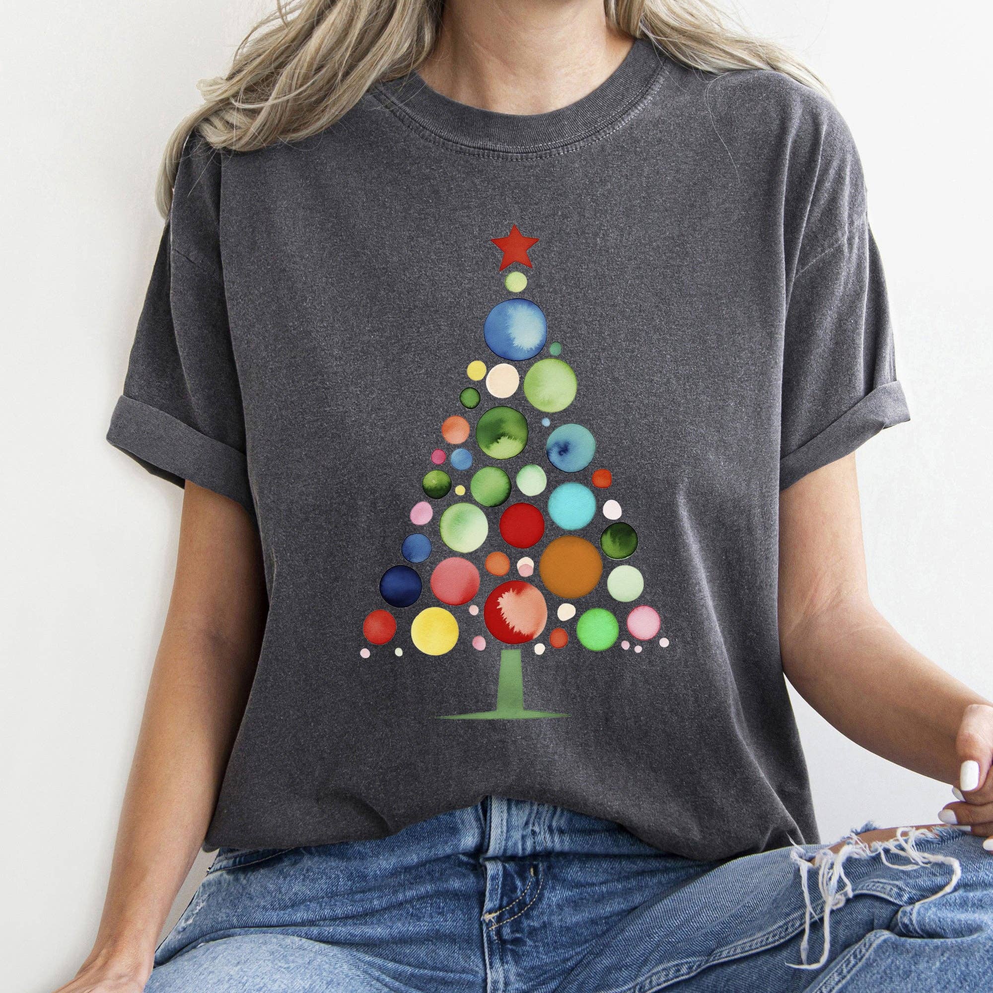 Refinery Number One LLC - Wholesale T-Shirt (Graphic) - Women's - Watercolor Decorations Christmas Tree, Retro, Vintage, Tee12