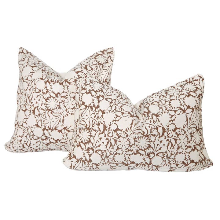 Signature Floral Cotton Pillow Cover in Brown for wholesale by Cozy Prairie Linens Co.