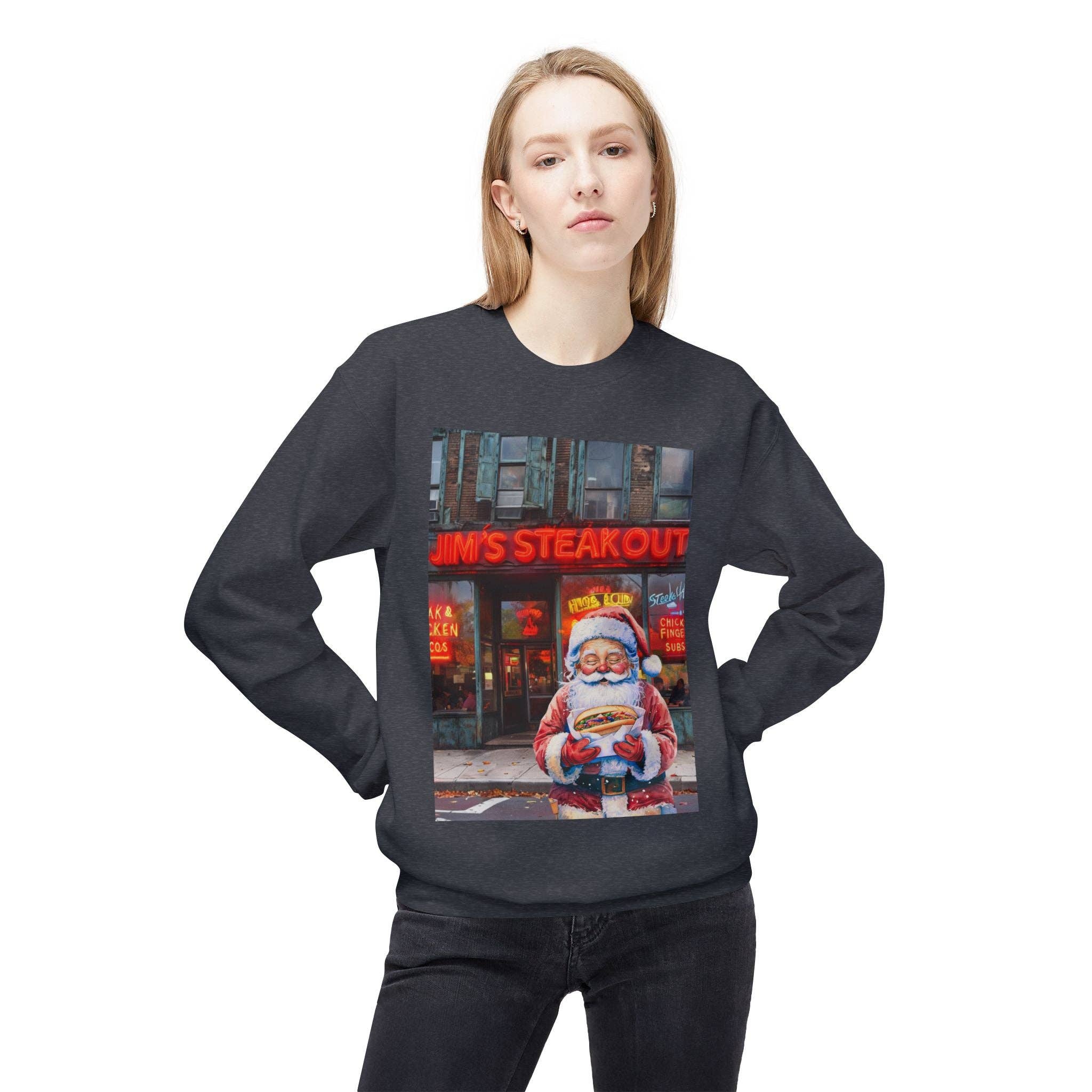 Buffalovely - Wholesale Graphic Sweatshirt - Unisex - Santa with a Hoagie at Jim's Steakout Unisex Cozy Crewneck Sweatshirt11