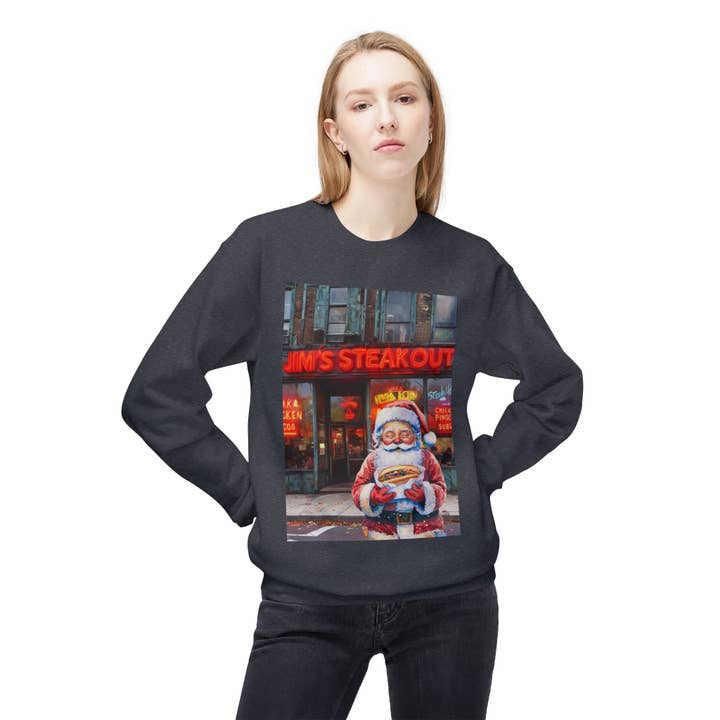 Buffalovely - Wholesale Graphic Sweatshirt - Unisex - Santa with a Hoagie at Jim's Steakout Unisex Cozy Crewneck Sweatshirt11