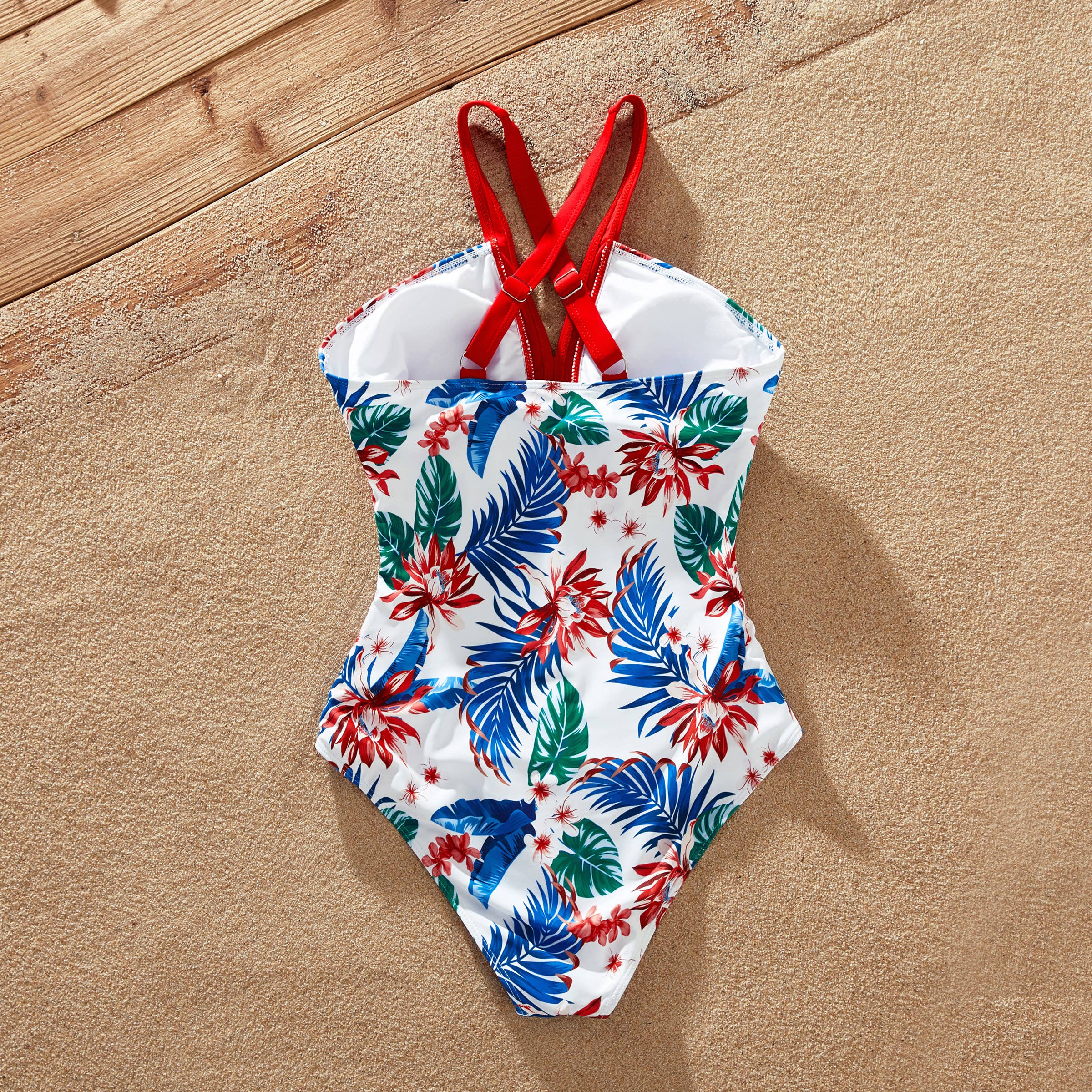 Red Matching Family Tropical Plant One-piece Swimsuit or trunks for wholesale on Faire26