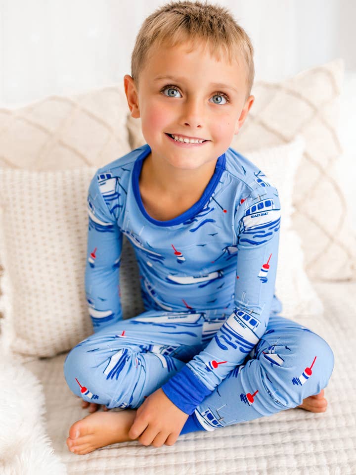 ⚓ Keith- Maine Watercolor Lobster Boat Two Piece Pajama Set for wholesale by Bailey Baby Co.