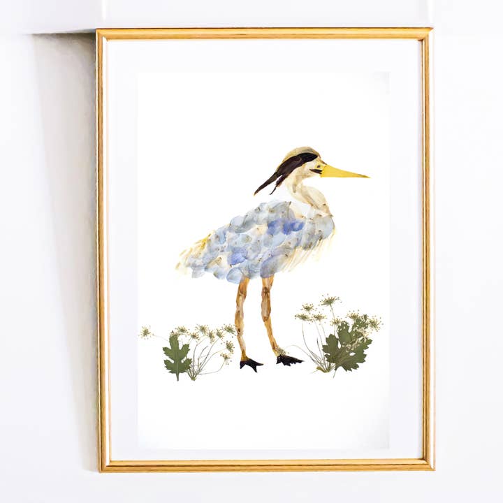 Marshland Majesty – Botanical Blue Heron Art Print for wholesale by Mon Petit Chou Art and Design