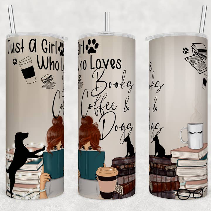 Just A Girl Who Loves Books Coffee Dogs 20oz Skinny Tumbler for wholesale by Dogwood Graphics & Design