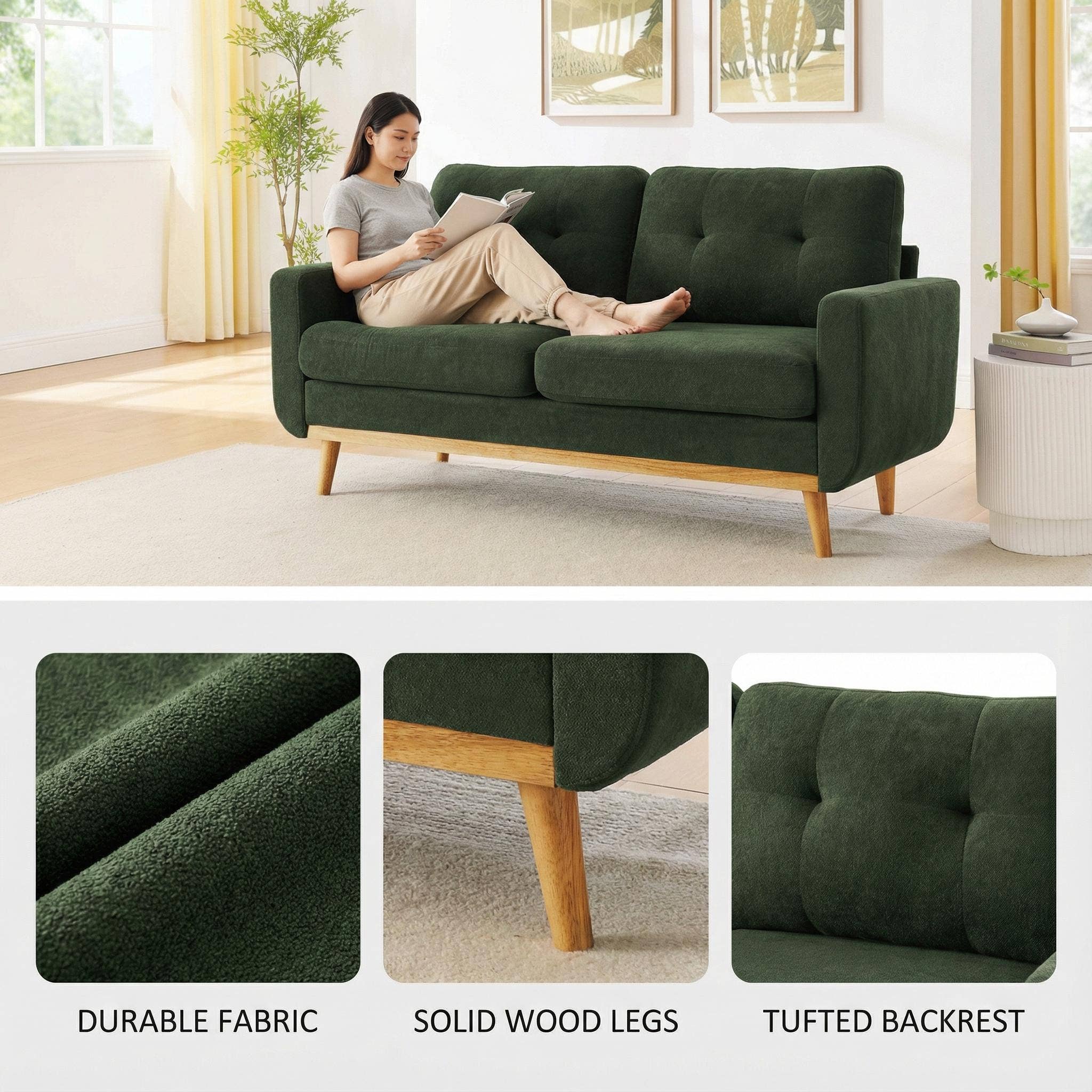 39F Inc. - Vente Canapés - Canapé d'appoint capitonné de 67,7 pouces de style mi-siècle avec pieds en bois5