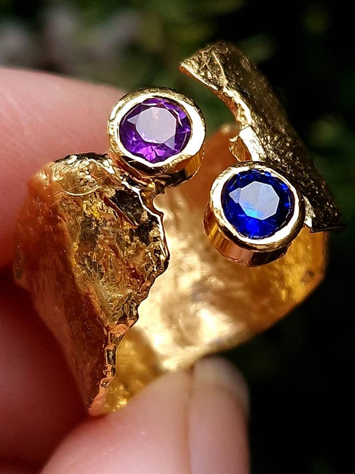 Sapphire & Amethyst Gold Faerie Tale Ring for wholesale by Caroline Stokesberry-Lee Jewellery Design