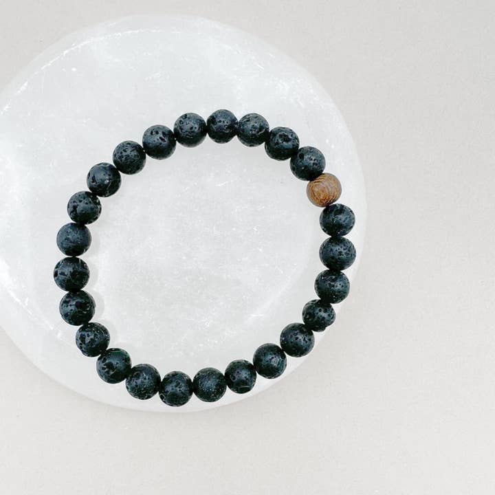 Men's Lava Beads Bracelet with Polished Rosewood Accent for wholesale by Peach Tree & Co.