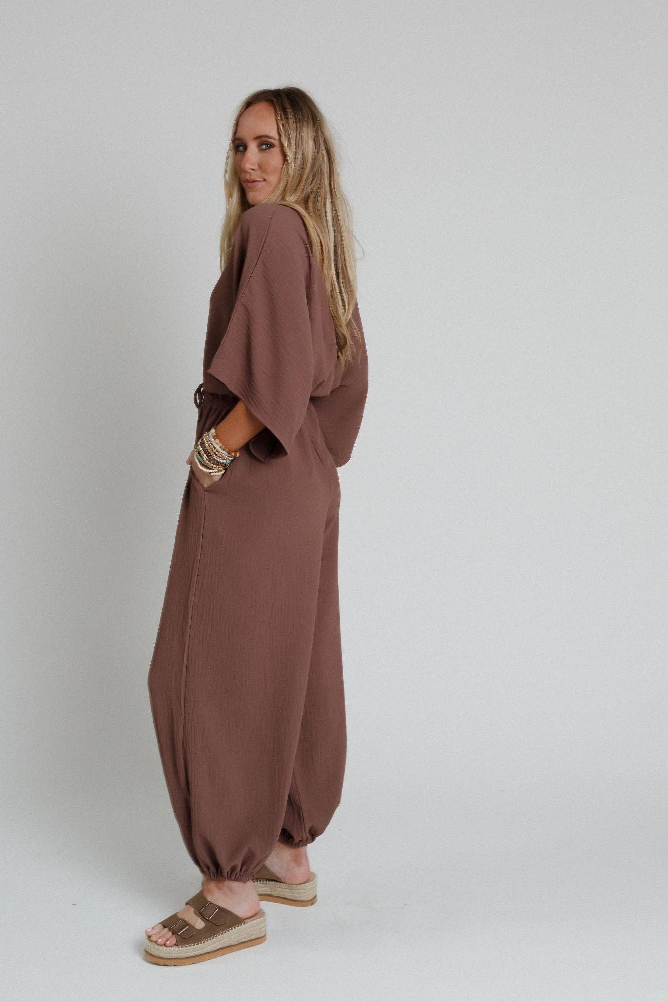 Three Bird Nest - Wholesale Jumpsuit - Women's - New Love Relaxed Drawstring Jumpsuit - Mocha7