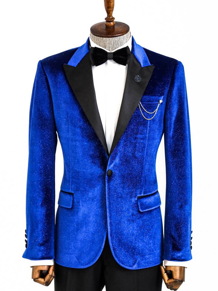 Sparkle Slim Fit Velvet Bast Blue Men Prom Blazer - Wessi for wholesale by Wessi